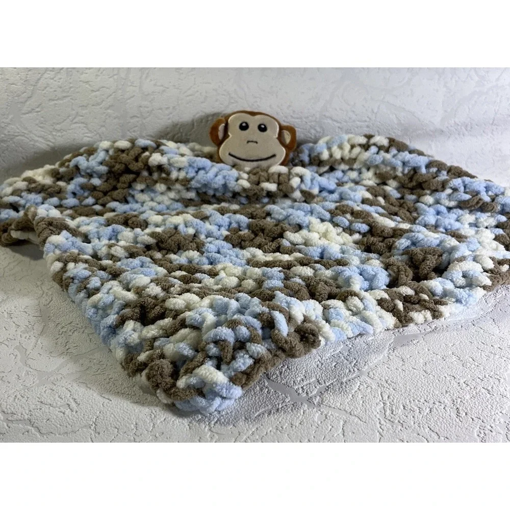Baby Lovey Chenille Crocteched Blanket 15 X 15 Super Soft Brown Blue Monkey